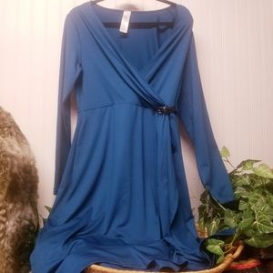 Blue V-Neck Dress With Brown Belted Side Buckle
